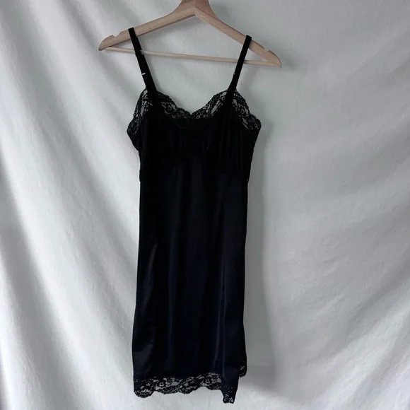 Vintage 60s Black Lace Nylon Slip Dress Adonna Penneys Lingerie XS - Picture 2 of 12